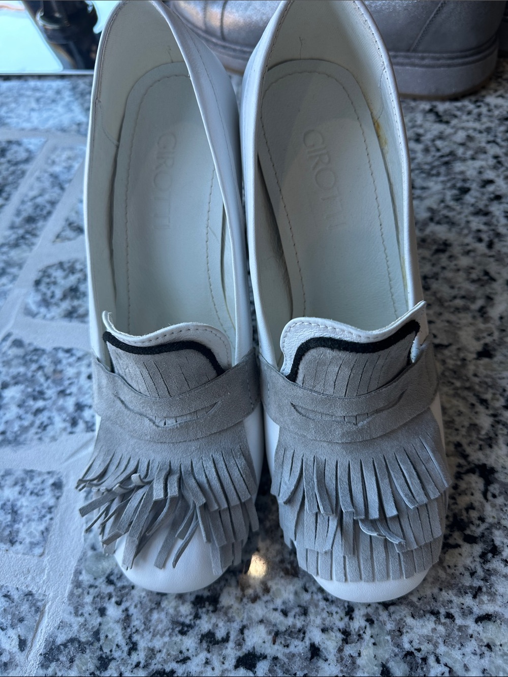 Girolami White Leather Slip-On Loafers with Gray Suede Fringe